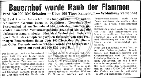 Zeitungsartikel zu Brand auf Bauernhof