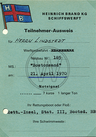 Ticket zur Werftprobefahrt "Bostonsand" 1970